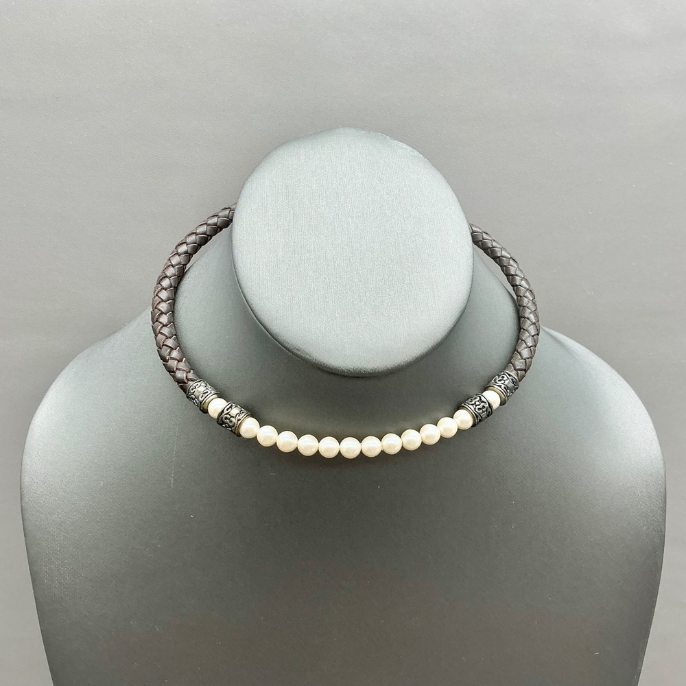 Monet Braided Leather Pearl Choker Necklace Women Brown Faux Pearl Boho Jewelry